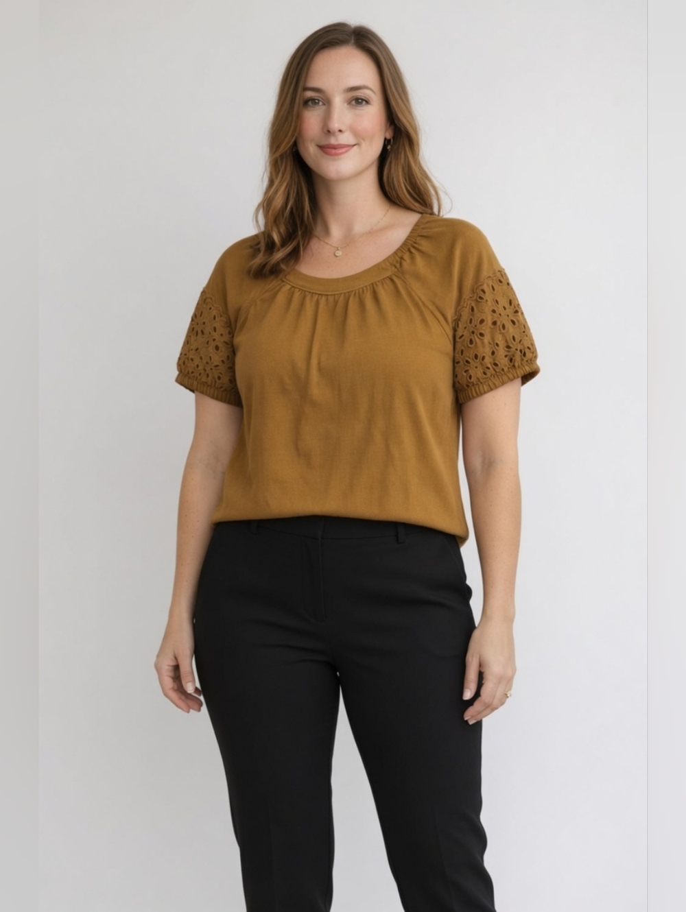 Old Navy Ochre Eyelet Blouse XL Boho Earthy Peasant Top Cottagecore